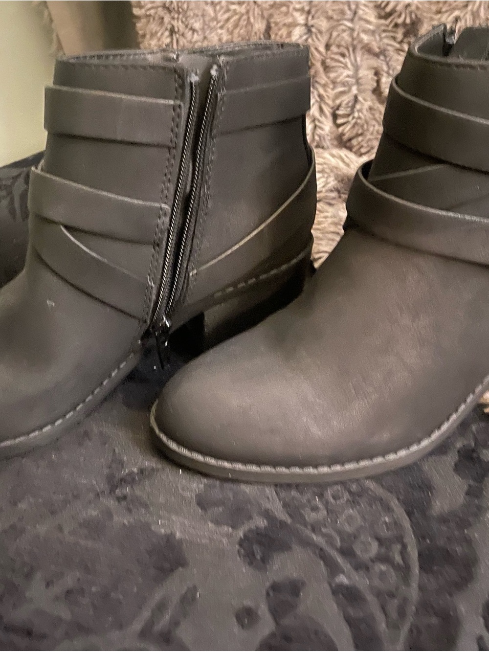 Girls' Black Ankle Boots with Side Zip and Layered Straps